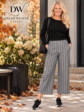 Wide Leg Pants | Grey/Cream Stripe Linen